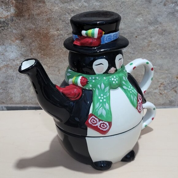 Temptations by Tara 3 Piece Ceramic Stacking Penguin Teapot Mug Cup Set - Picture 8 of 14